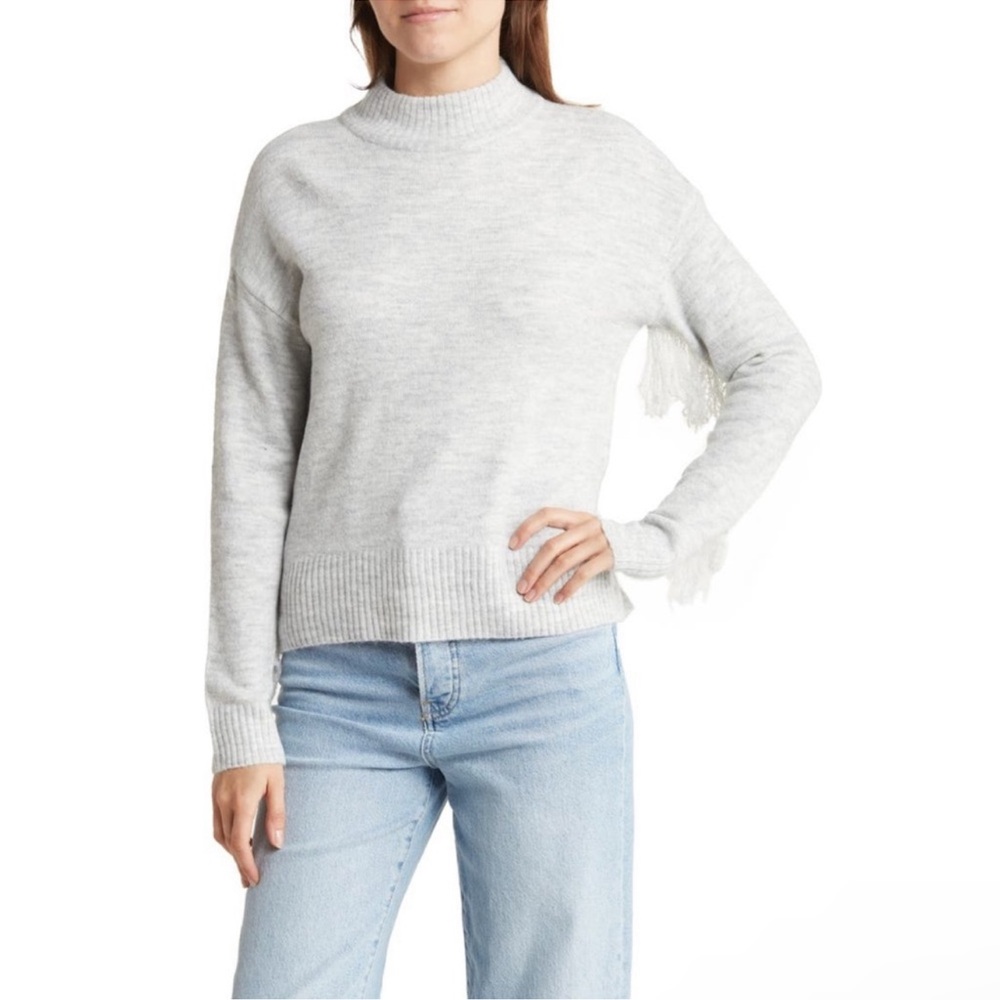 Olivia Sky Fringe Trim Mock Neck Sweater In Light Heather Grey NWT - Reemoly